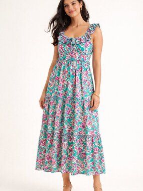 J.Crew Floral Ruffle Strap Midi Maxi Pocket Dress Teal Pink Cotton Size 12